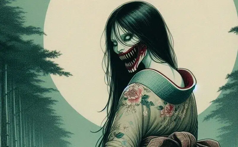 Illustration de Kuchisake-Onna à visage découvert et vêtue d'un kimono