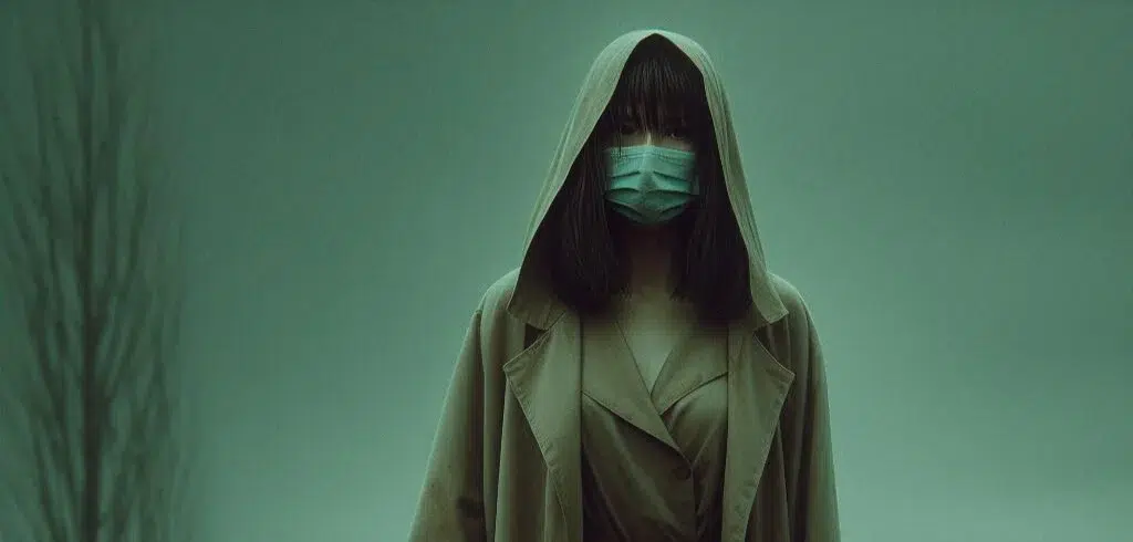 Kuchisake-Onna, une femme aux cheveux noirs et au visage caché par un masque chirurgical