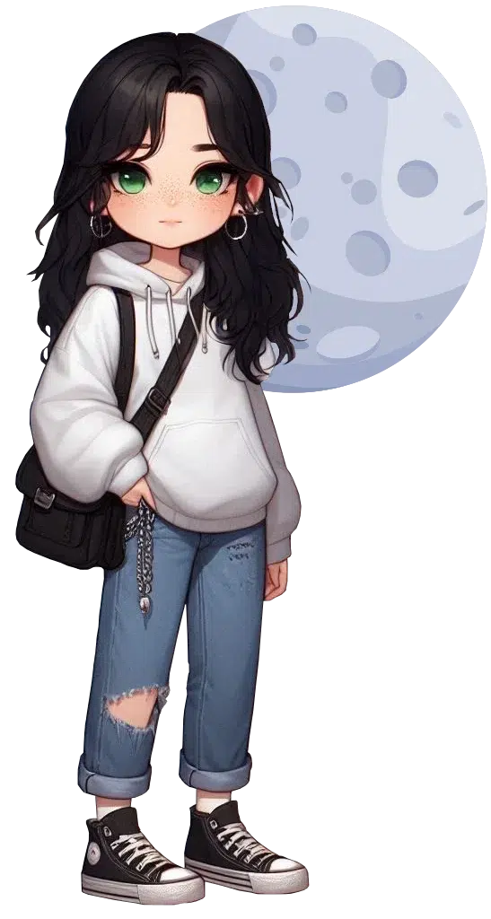 Un petit chibi de moi, une main dans la poche devant une lune pleine